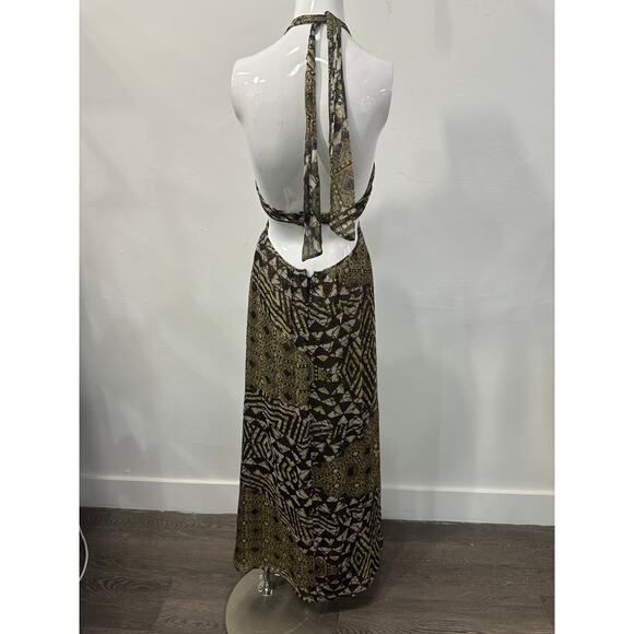 BCBGMAXAZRIA Silk Blend Printed Rhinestone Accent Halter Maxi Dress Green Size 0 - Picture 2 of 8